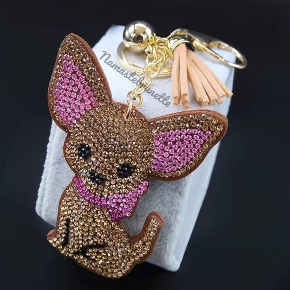 Chihuahua Dog Crystal Rhinestone Keychain Bag Charm With Tan Tassel - Picture 3 of 17